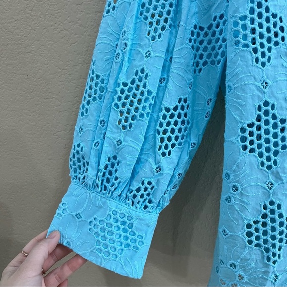 J.Crew Women's XXL Aqua Blue Long-Sleeve Eyelet Popover Blouse Casual Summer NWT - Picture 8 of 11